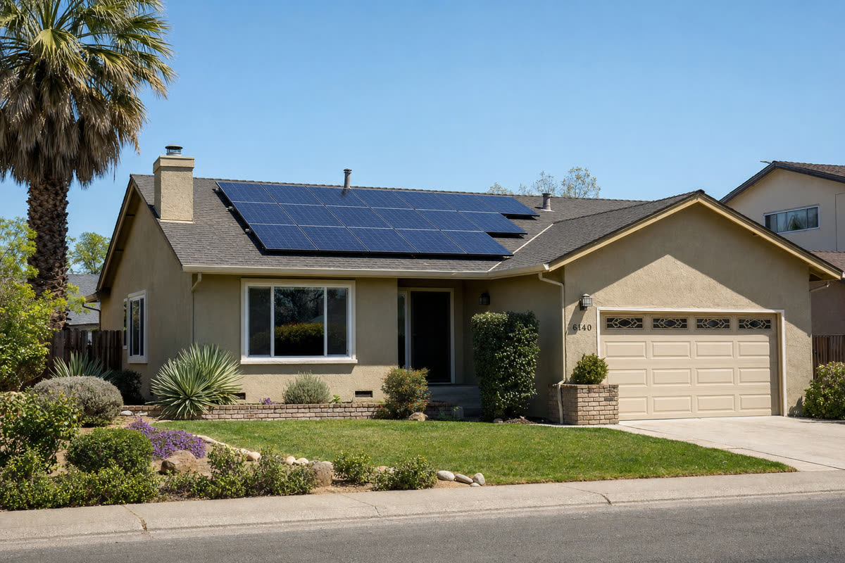 California suburban home with rooftop solar panels